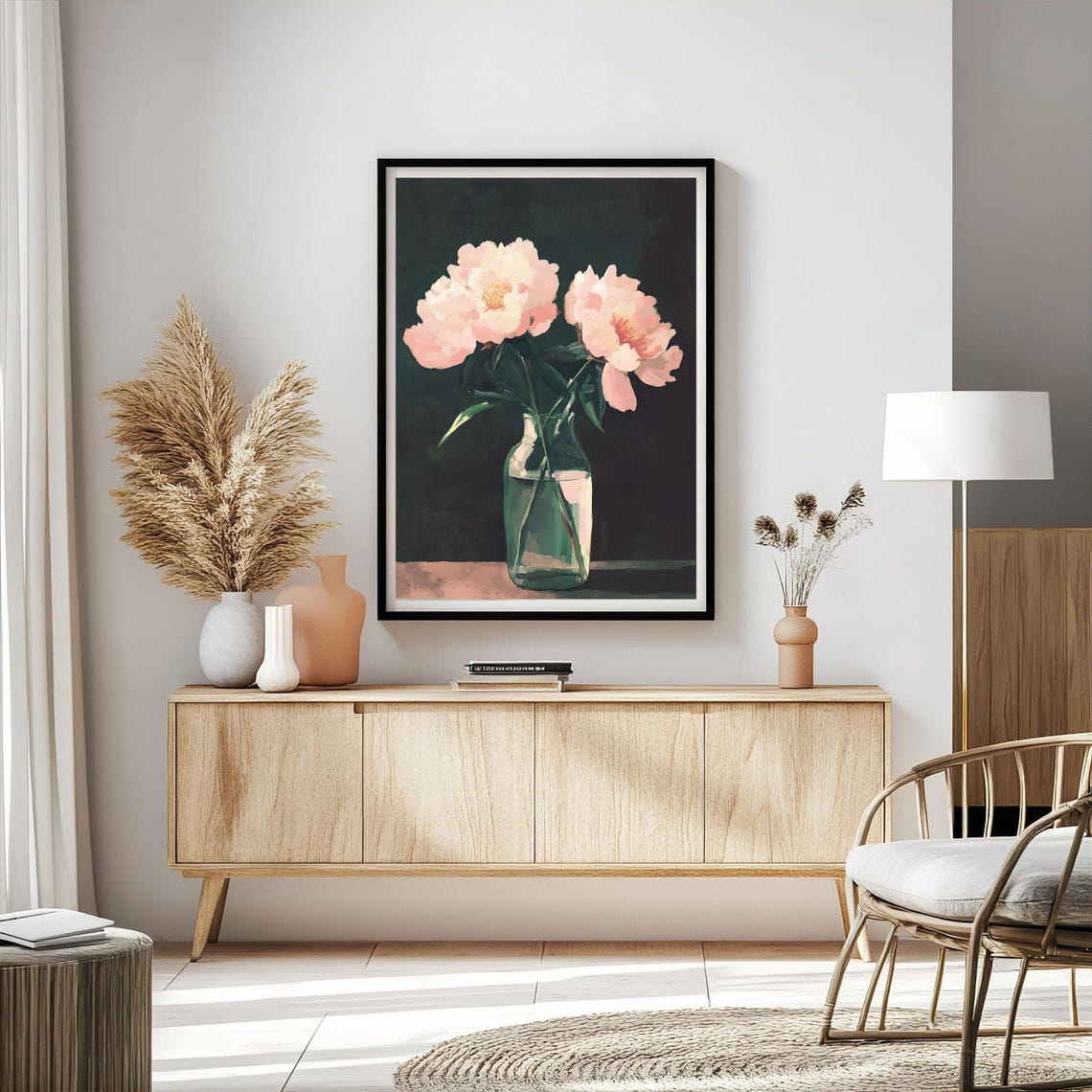 Blush Pink Peonies In Glass Vase Moody Still Life Art Poster - Image 3