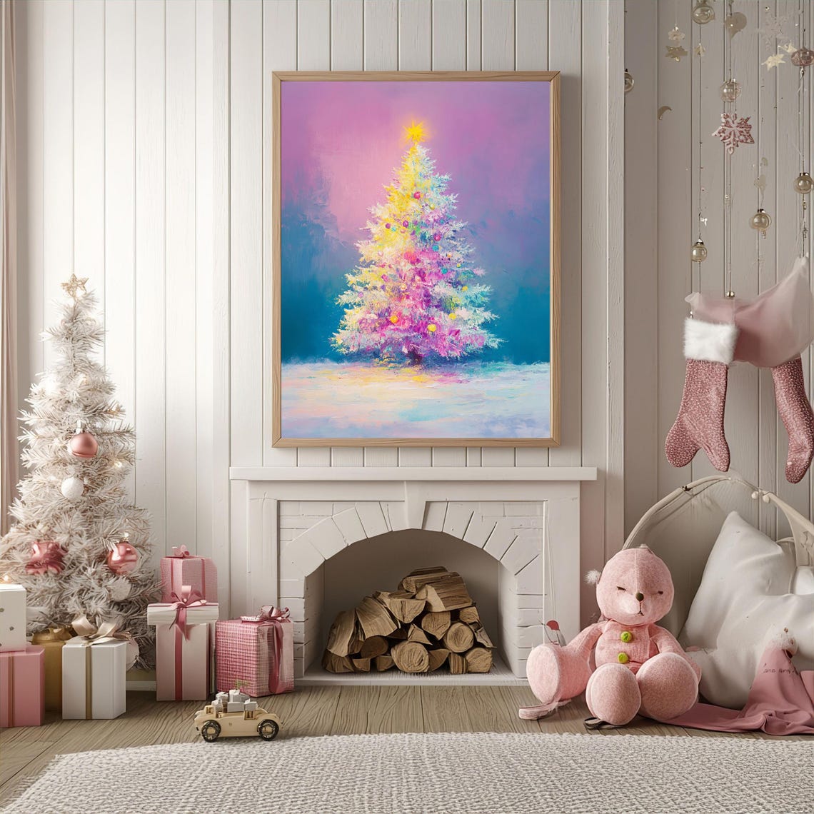 Dreamy Pastel Pink Christmas Tree In Snow Holiday Scene Art Poster - Image 3