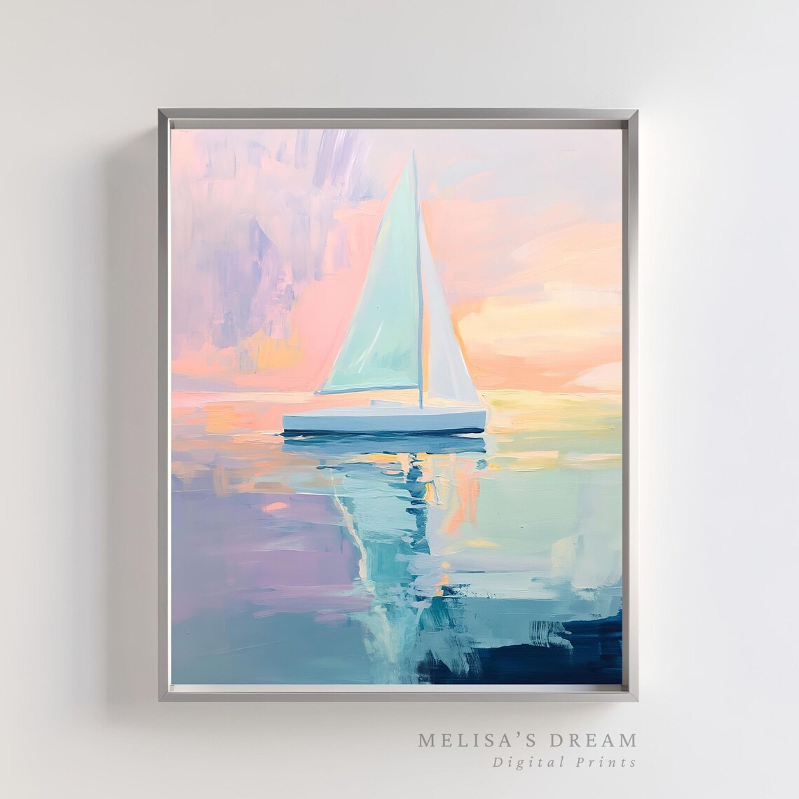 Abstract Ocean Paint Pastel Sailboat, Coastal Art