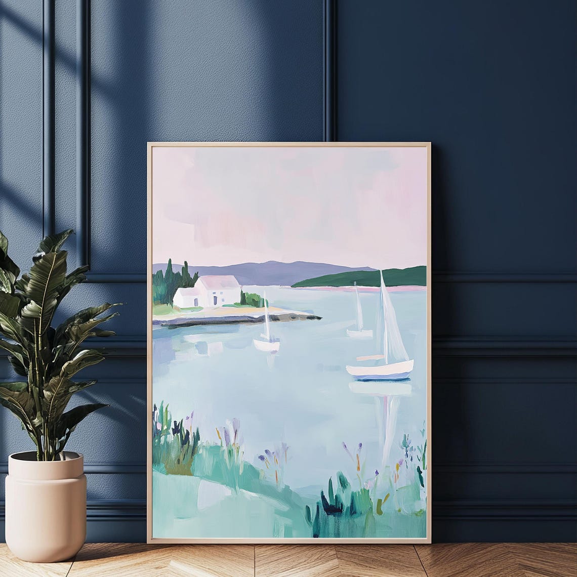 Sailboats On A Calm Harbor Pastel Coastal Seaside Art Poster - Image 2