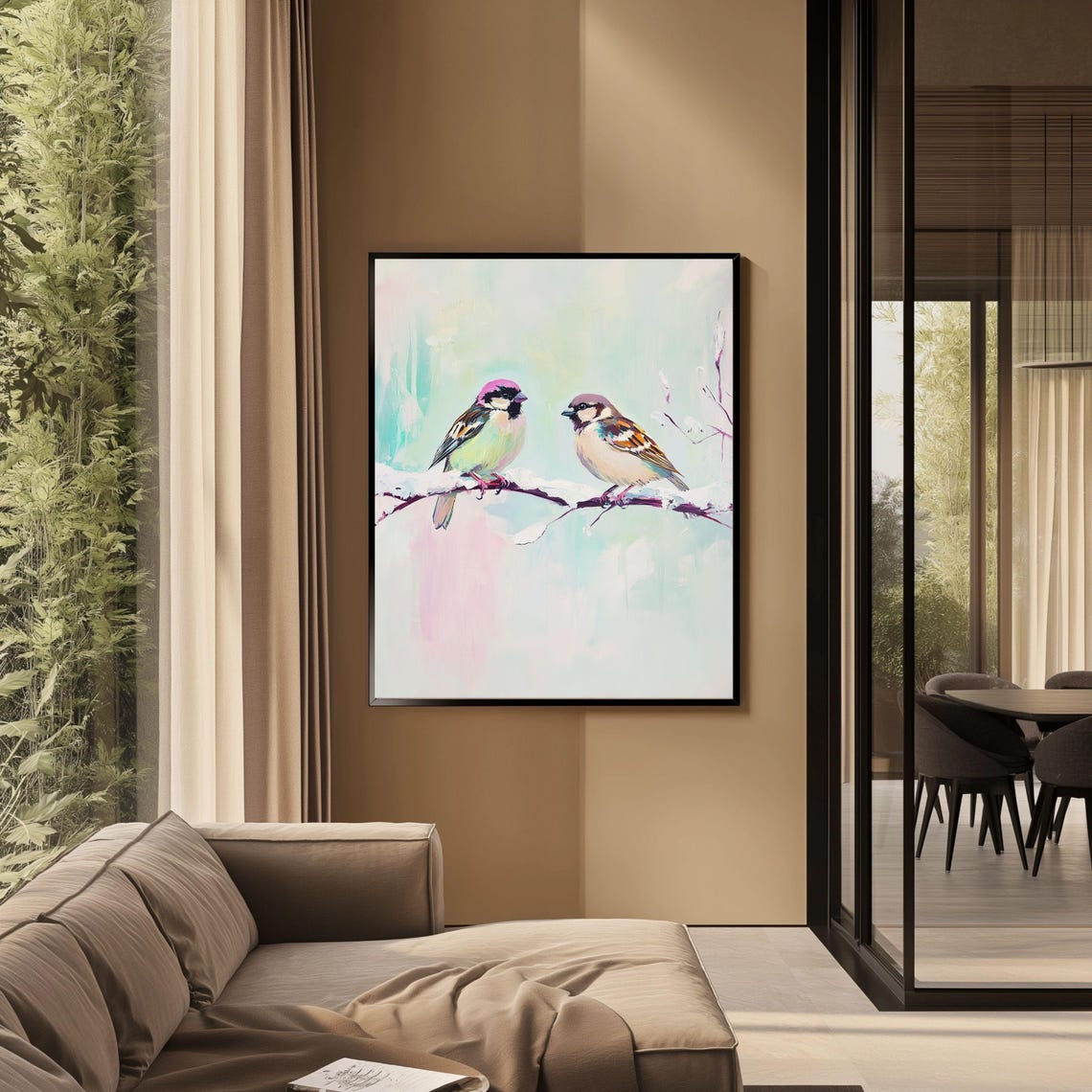 Two Sparrows On A Snowy Branch Pastel Winter Bird Art Poster - Image 3