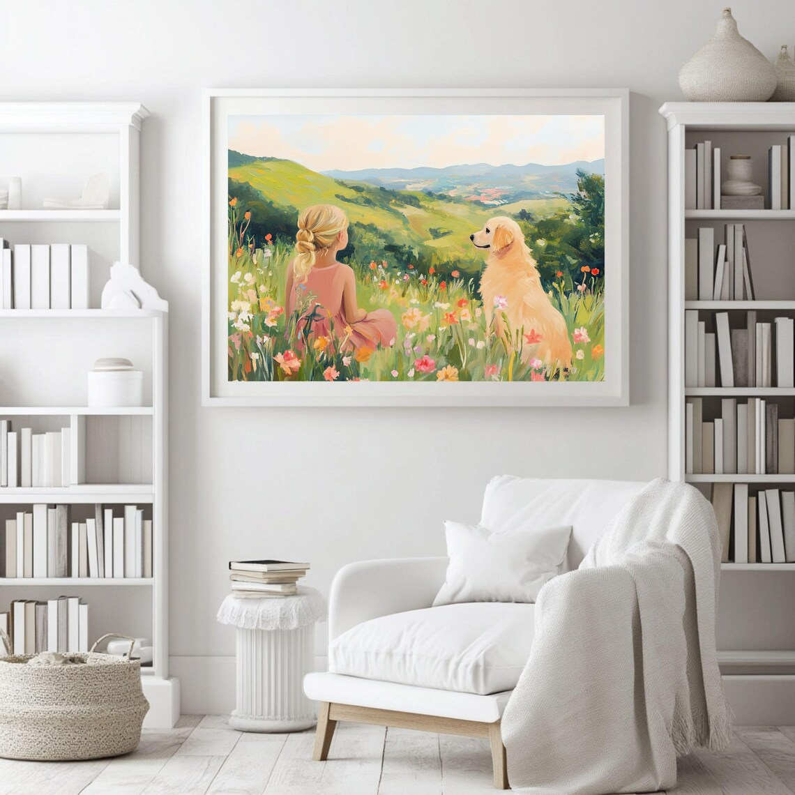 Girl With Dog In Wildflower Meadow Overlooking Green Hills Art Poster - Image 2