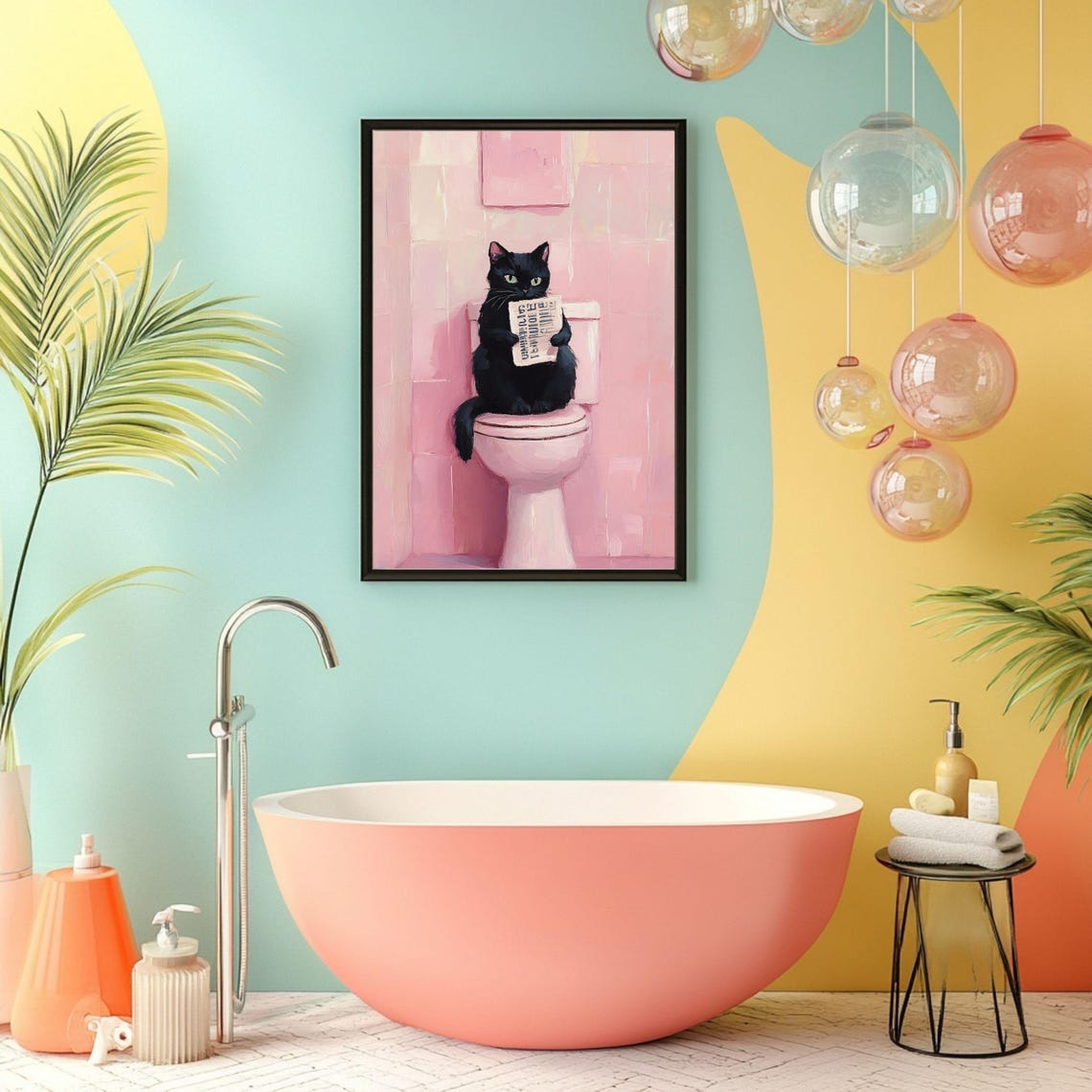 Funny Black Cat Bathroom Art Print, Quirky Pink Decor - Image 5