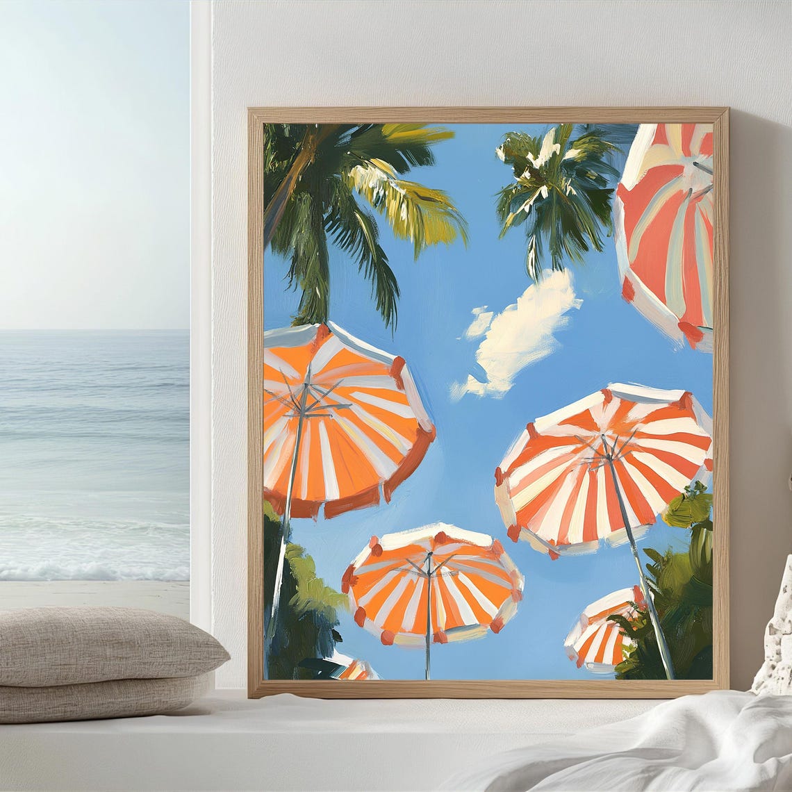 Orange Striped Beach Umbrella Art Print, Coastal - Image 3