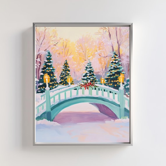 Christmas Bridge Art, Snowy Winter Wonderland Scene