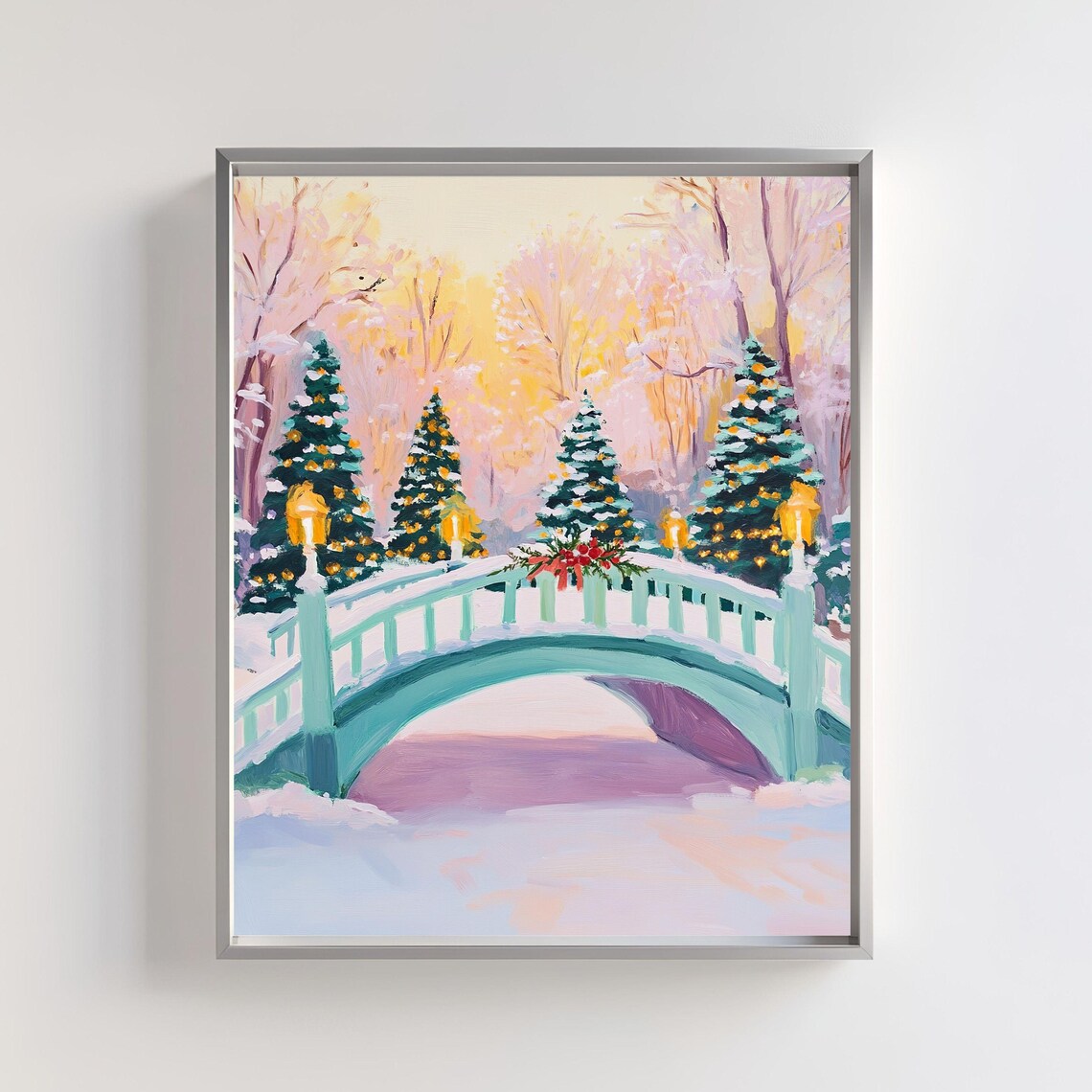 Christmas Bridge Art, Snowy Winter Wonderland Scene