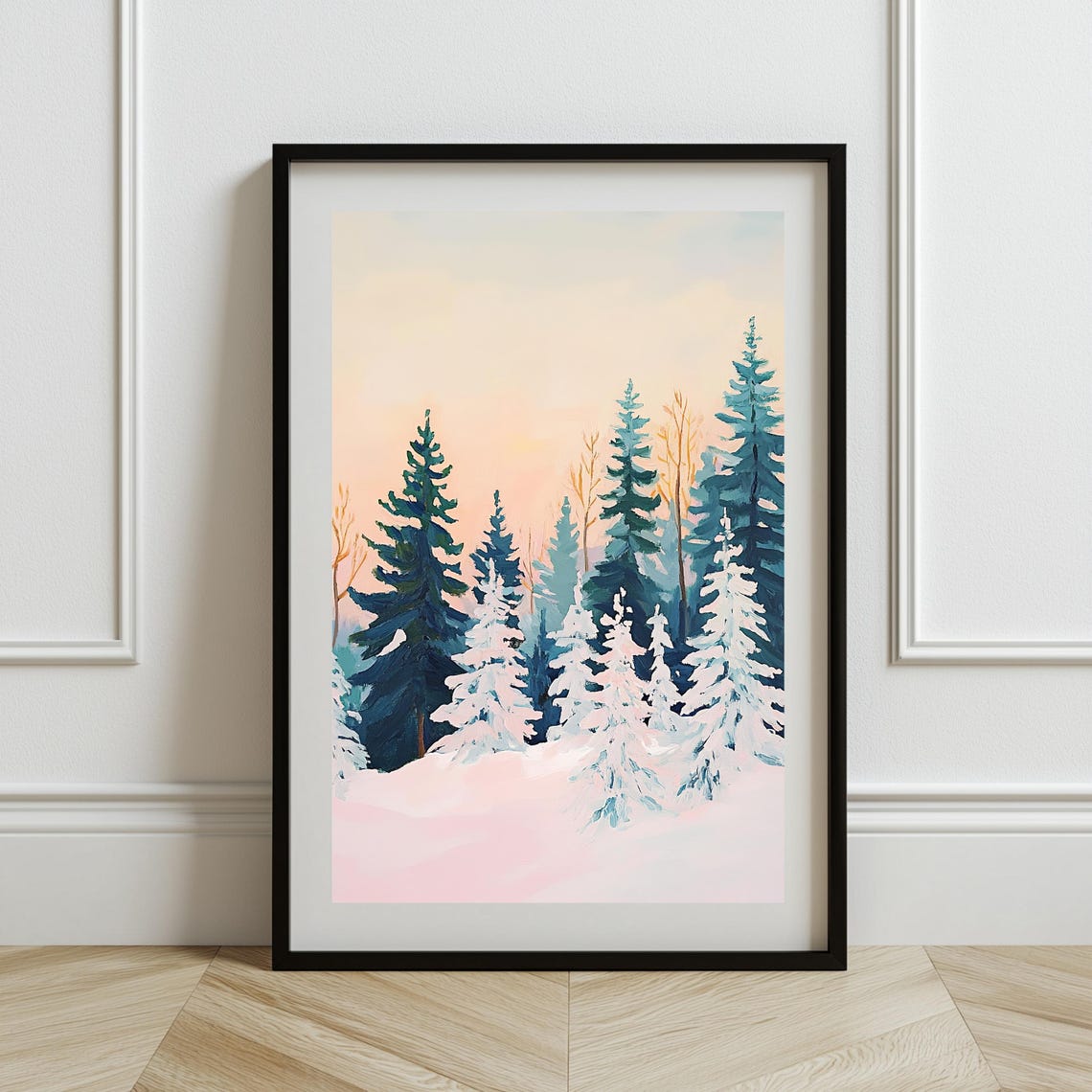 Peaceful Snowy Evergreen Forest Under Blush Winter Sky Art Poster - Image 3