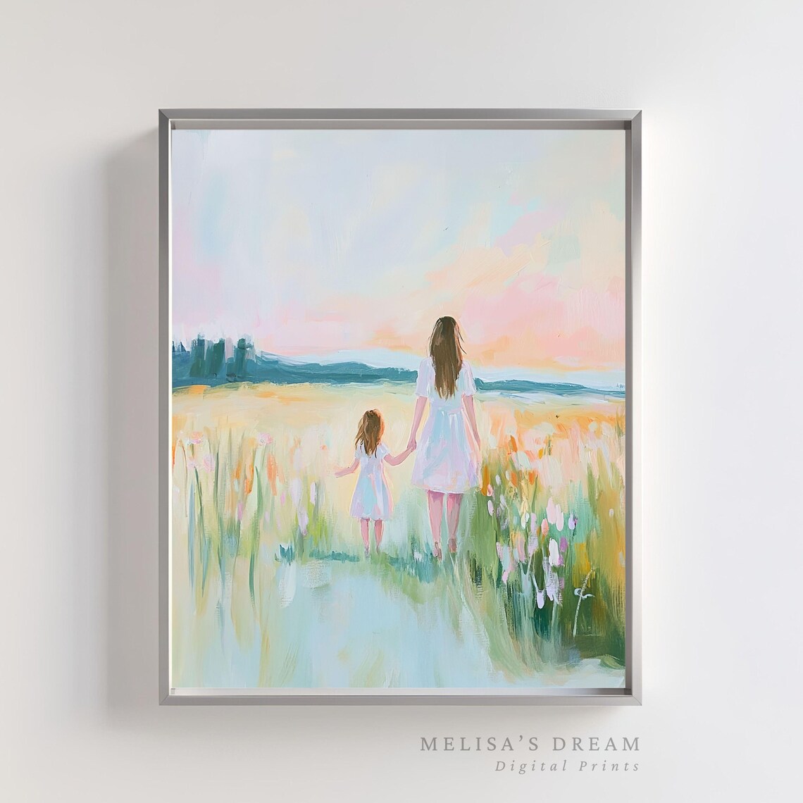 Mother And Daughter Sunset Flower Field Pastel Painting Poster