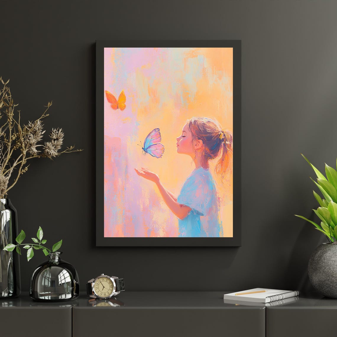 Girl Releasing Butterfly Dreamy Pastel Kids Nursery Art Poster - Image 2