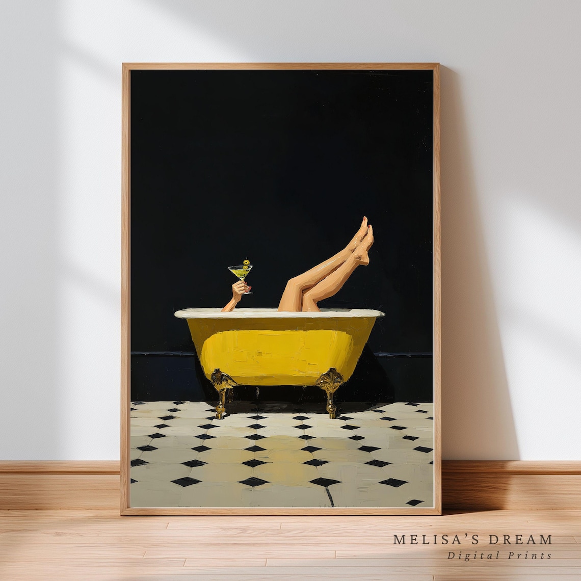 Woman Relaxing In Yellow Bathtub Holding Martini Moody Dark Art Poster