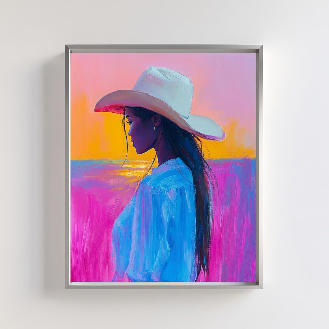 Sunset Cowgirl Art Print, Modern Western Decor