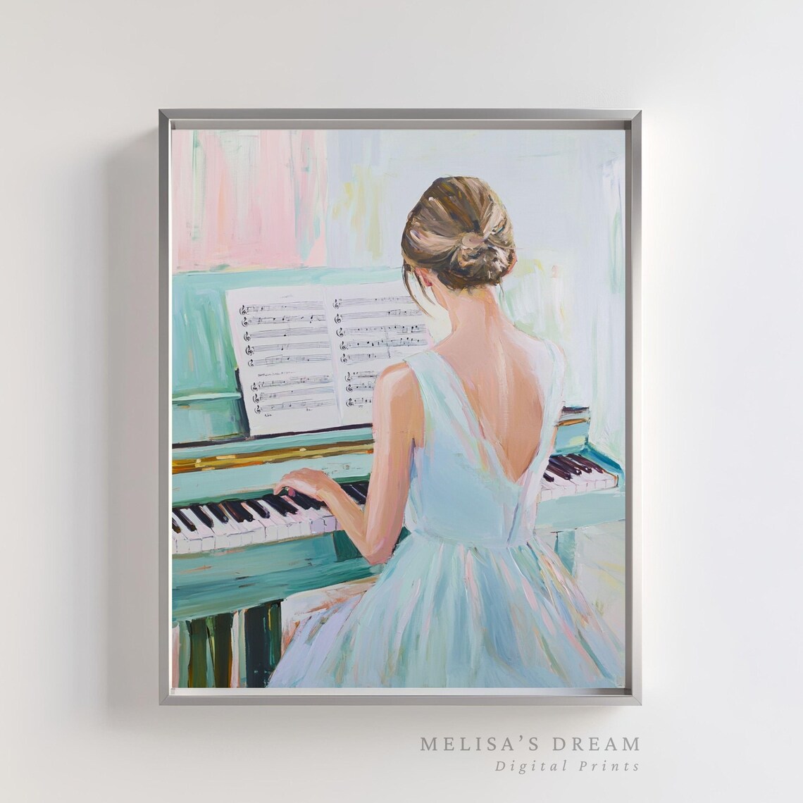 Ballerina Playing Piano, Pastel Music Room Art Print