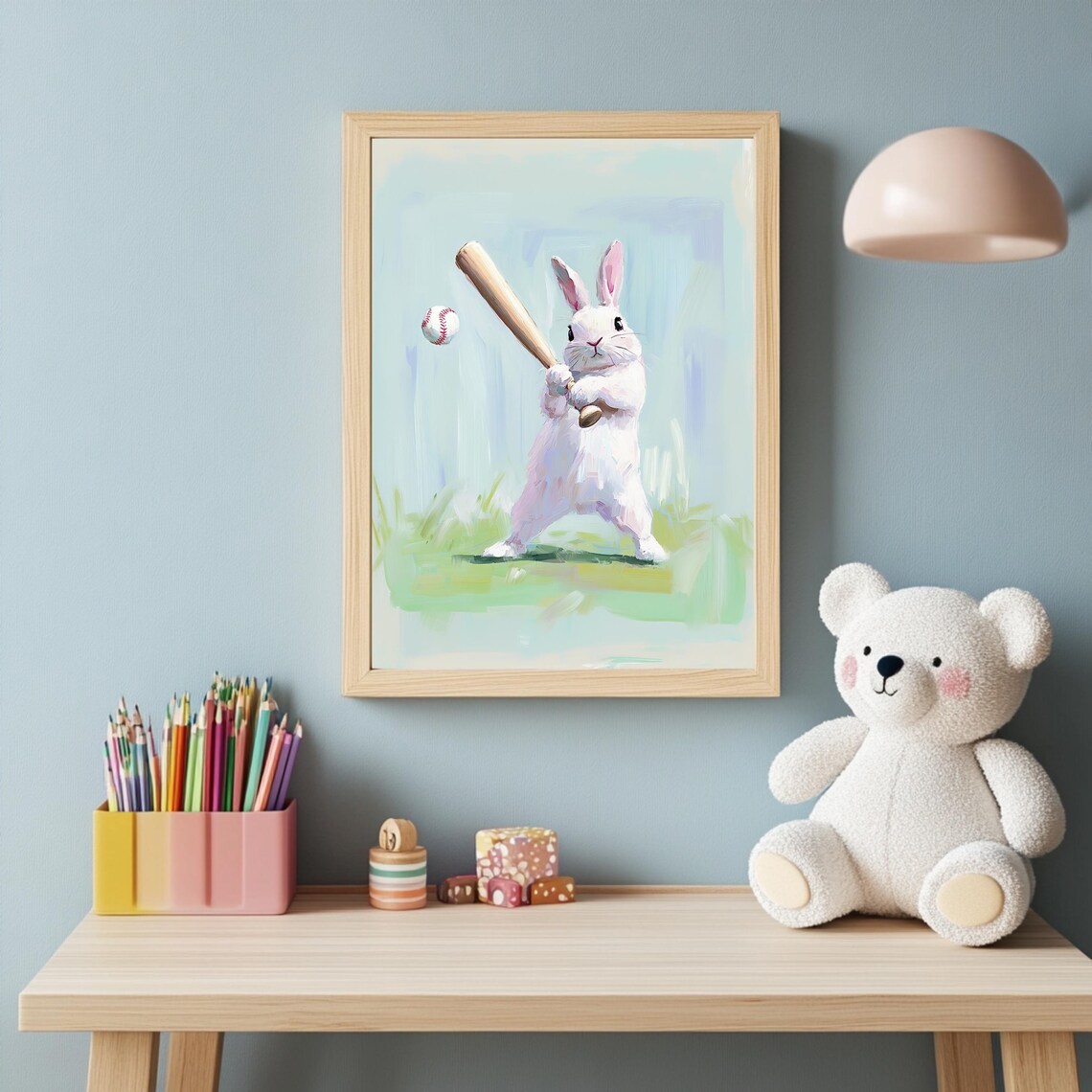 Playful Bunny Playing Baseball Soft Watercolor Kids Sports Poster - Image 3