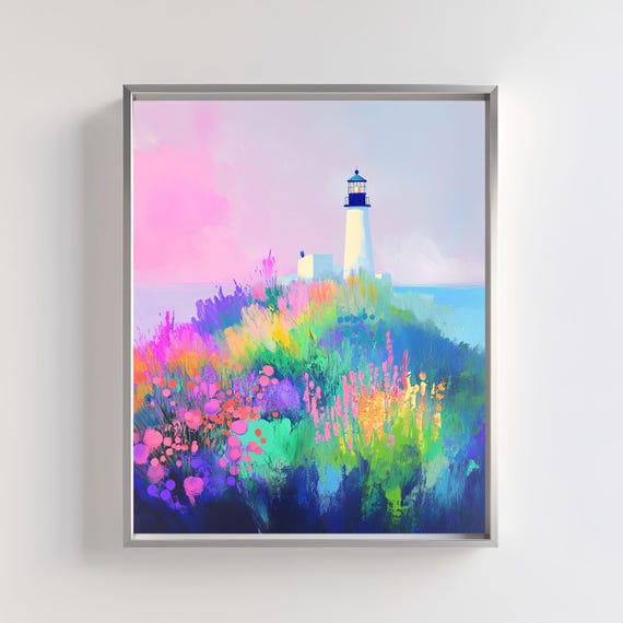 Lighthouse Floral Landscape Art Print Modern Coastal Decor