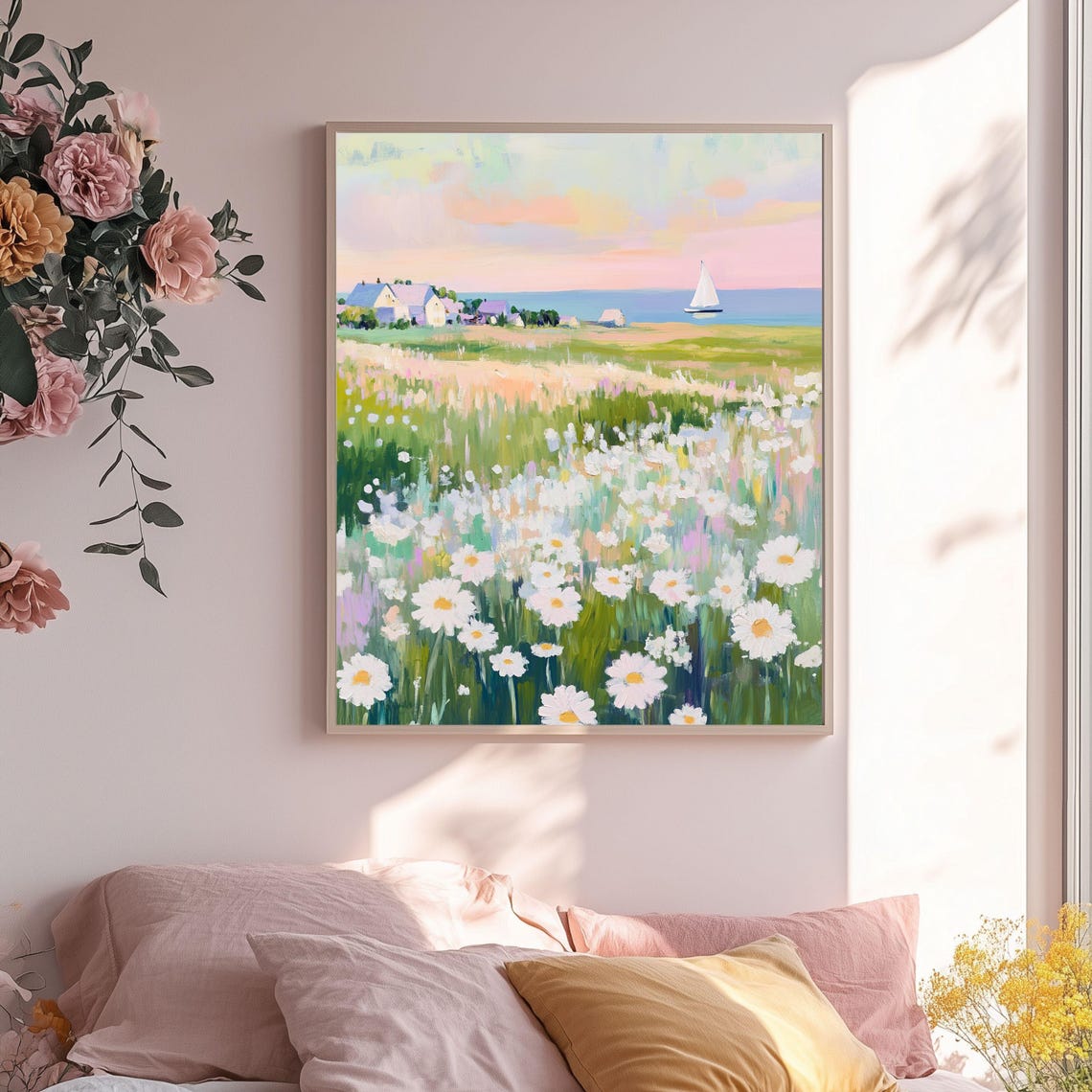 Coastal Daisy Meadow With Sailboat On Blue Horizon Art Poster - Image 2