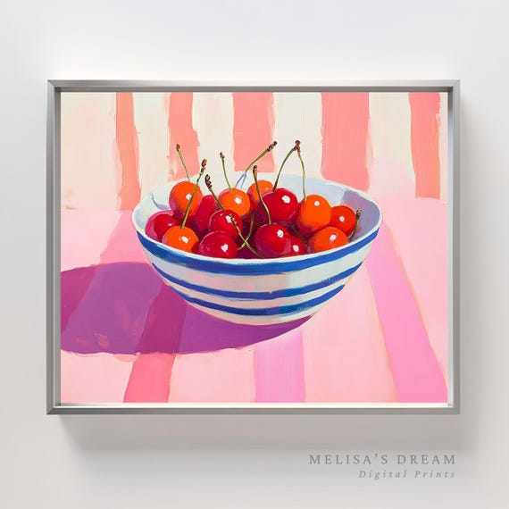 Cherry Wall Art Print Bowl Of Red Cherries In Striped Painting Modern Pink Kitchen Decor Fruit Still Life Artwork