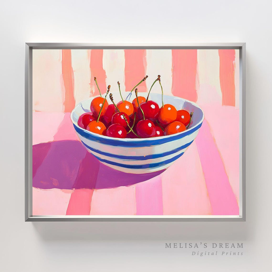 Bowl of Red Cherries Oil Painting Poster Striped Bowl Pink Kitchen Art
