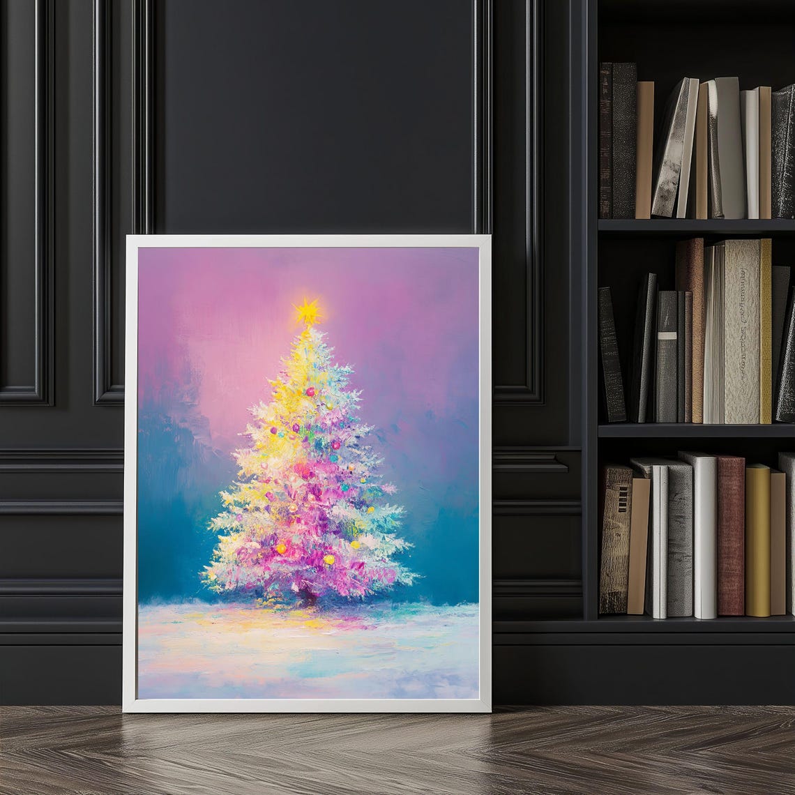 Dreamy Pastel Pink Christmas Tree In Snow Holiday Scene Art Poster - Image 2