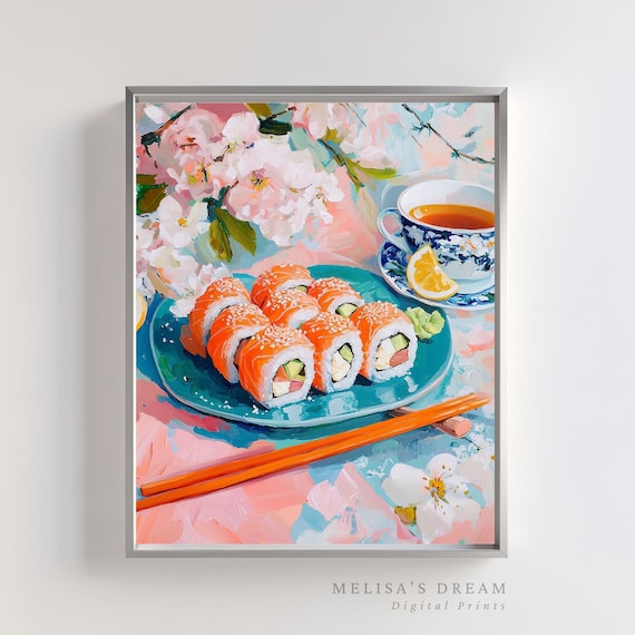 Salmon Sushi Rolls Plate Tea Cherry Blossom Japanese Food Art Poster