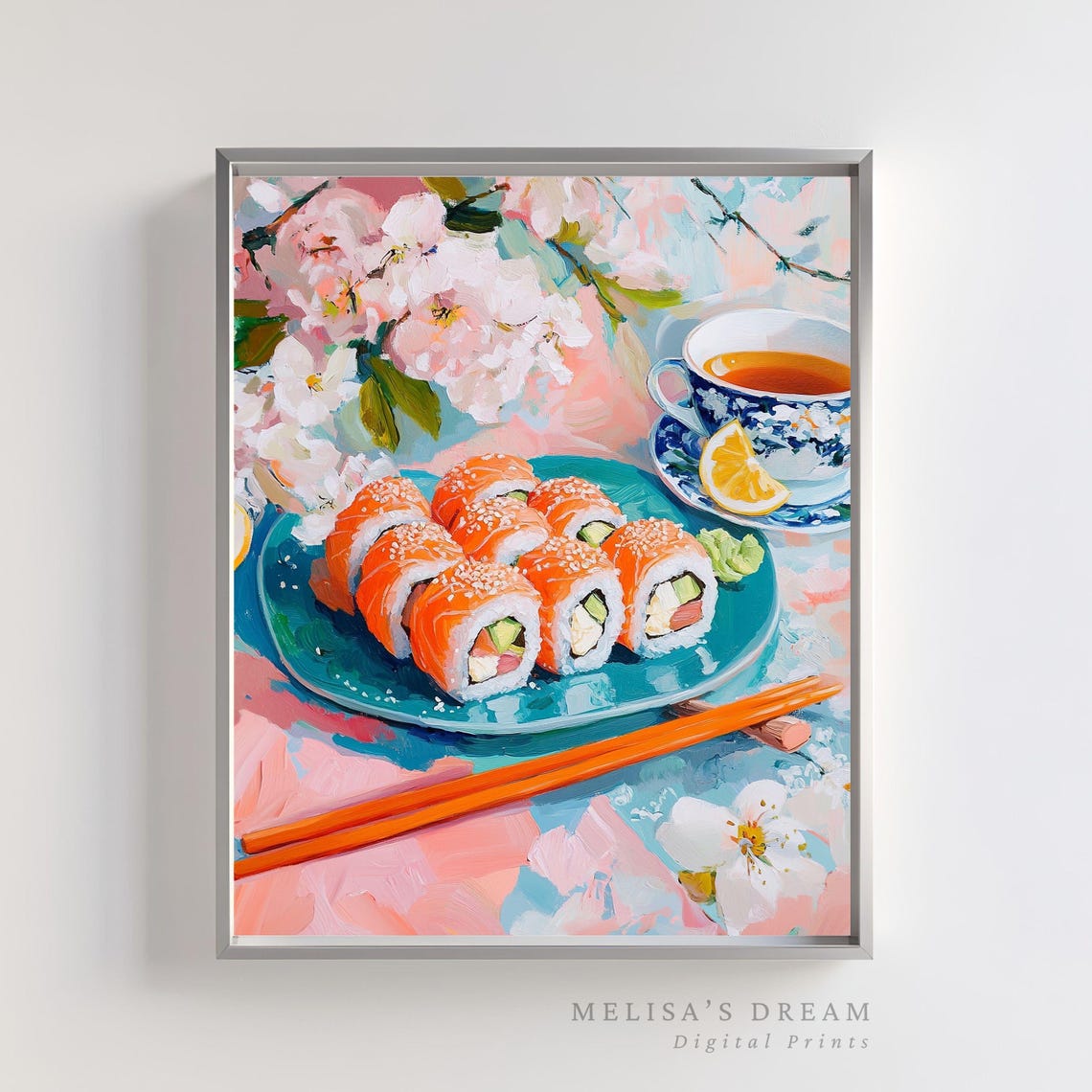 Salmon Sushi Rolls Plate Tea Cherry Blossom Japanese Food Art Poster