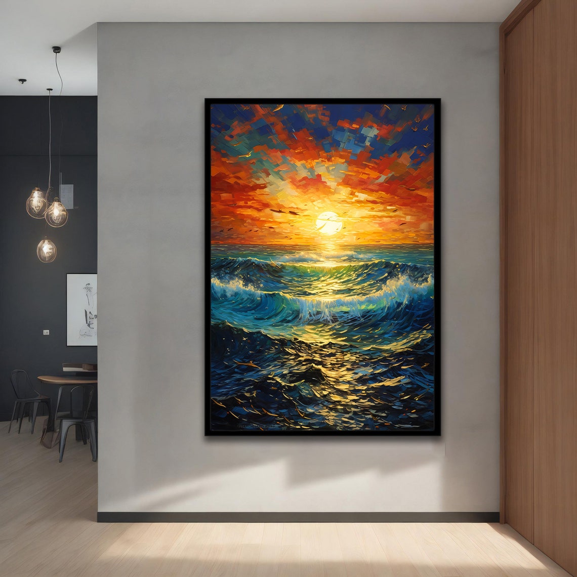 Ocean Sunset Golden Sun Rolling Waves Seascape Oil Painting Poster
