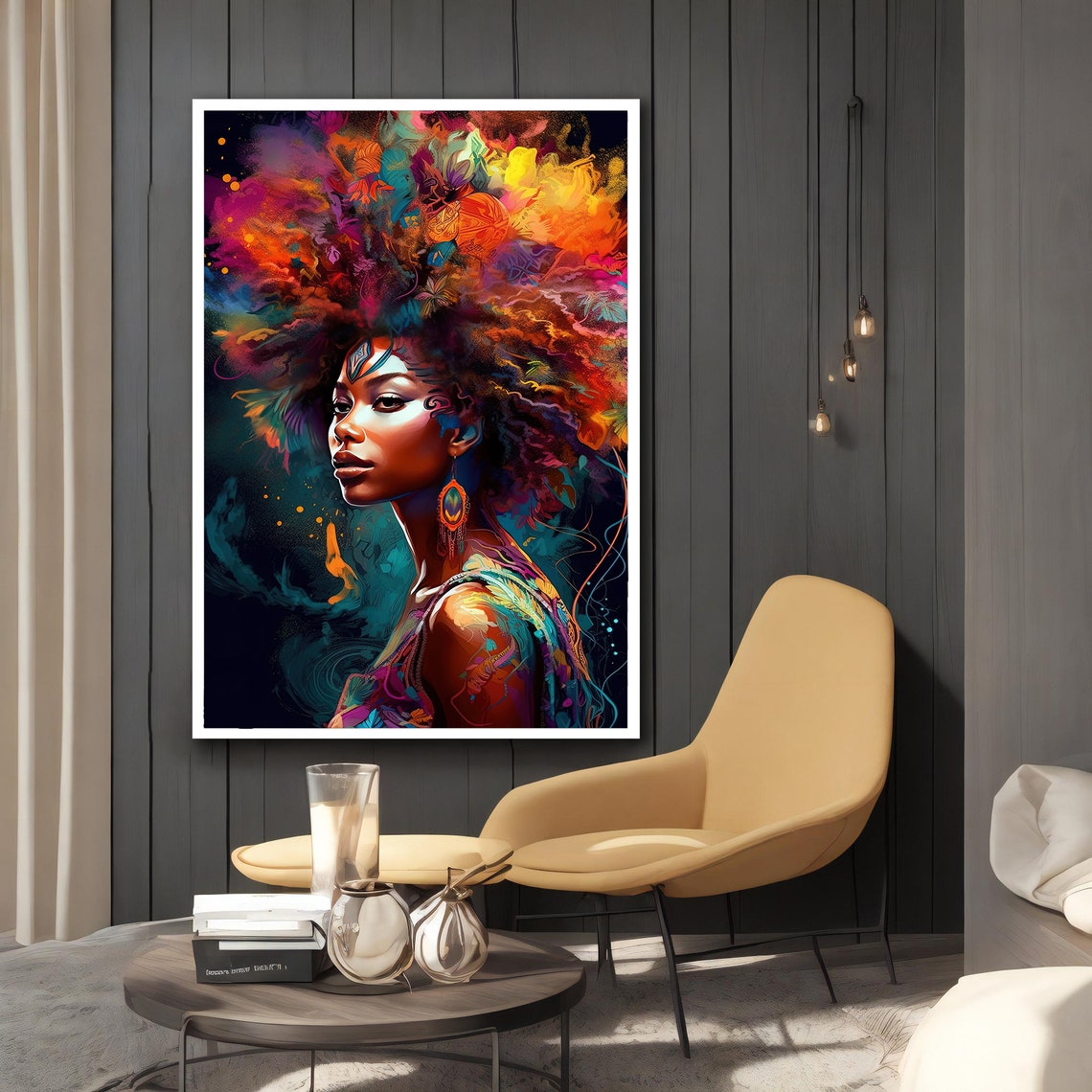 African Woman Exploding Colorful Afro Hair Teal Background Poster - Image 2