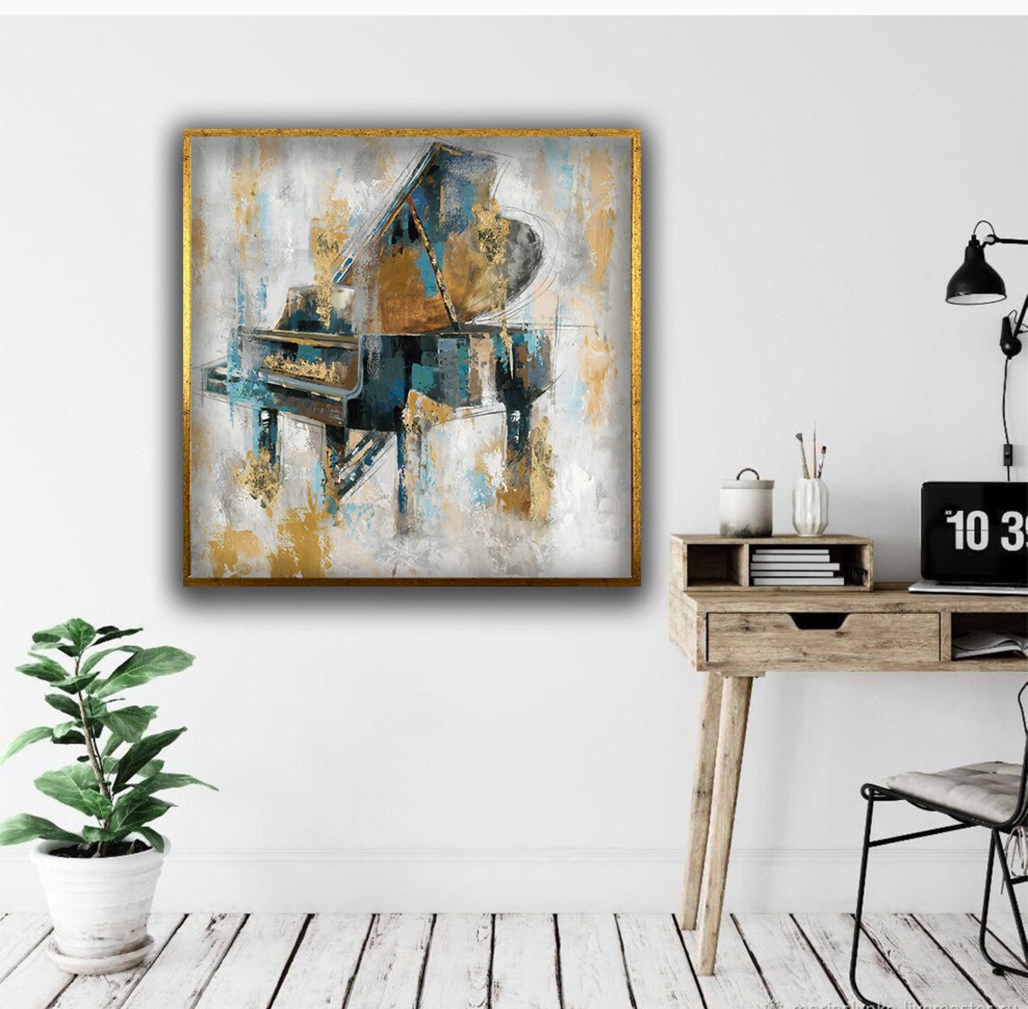 Abstract Grand Piano Blue Gold Brushstrokes Music Room Elegant Wall Art Poster - Image 5