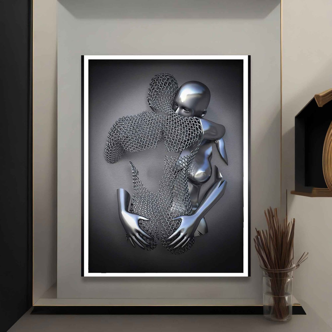 Chainmail Hugging Couple Silver Metallic Sculpture Embrace Art Poster - Image 4