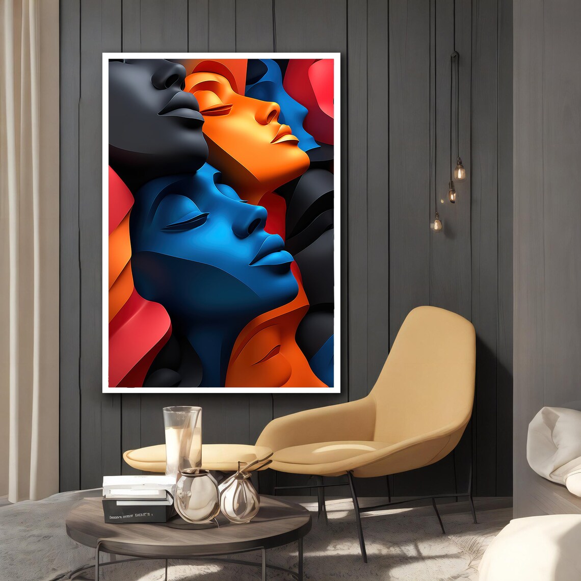 Colorful 3D Abstract Faces Blue Orange Black Modern Portrait Art Print - Image 2
