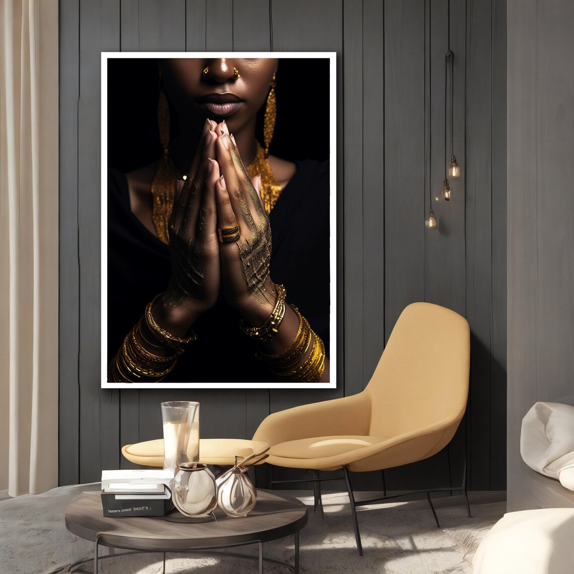 African Woman Gold Jewelry Henna Prayer Hands Elegant Portrait Poster - Image 2