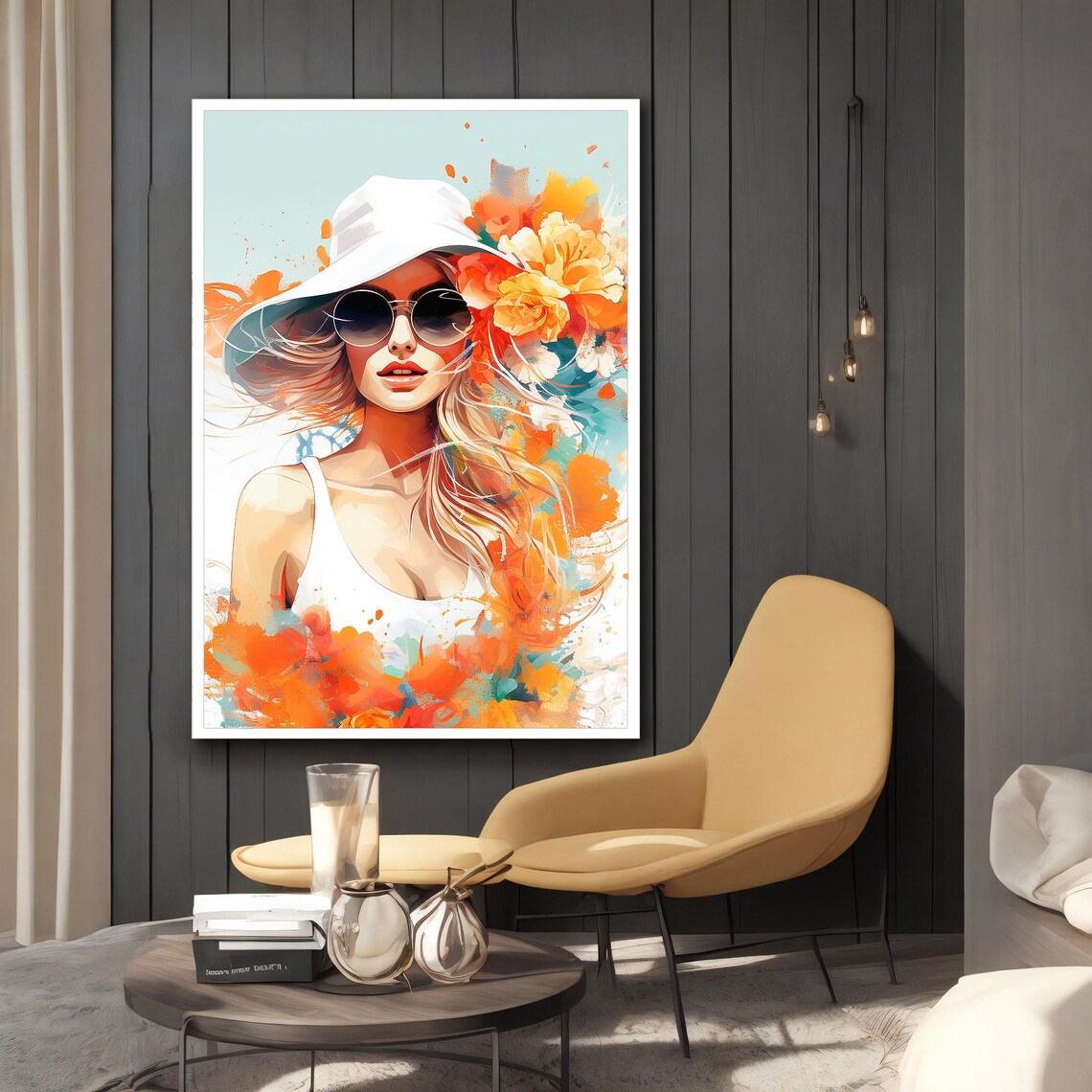Fashion Woman White Hat Sunglasses Floral Watercolor Chic Beauty Wall Art Poster - Image 2