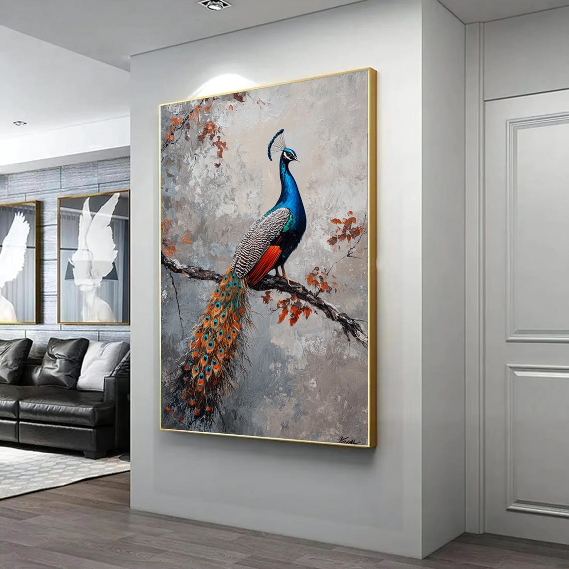 Colorful Peacock Perched On Branch Vibrant Tail Feather Art Poster