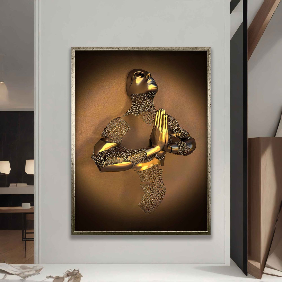 Golden Meditating Figure Chainmail Texture Warm Bronze Zen Art Poster - Image 5