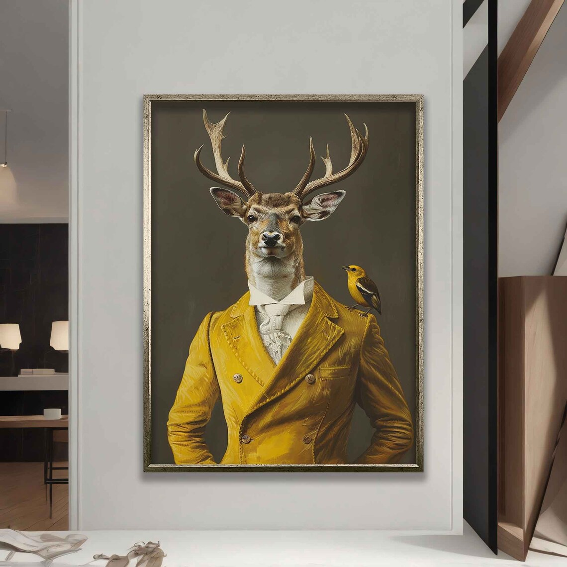 Regal Stag Mustard Yellow Suit Small Bird On Shoulder Surreal Art Poster - Image 5