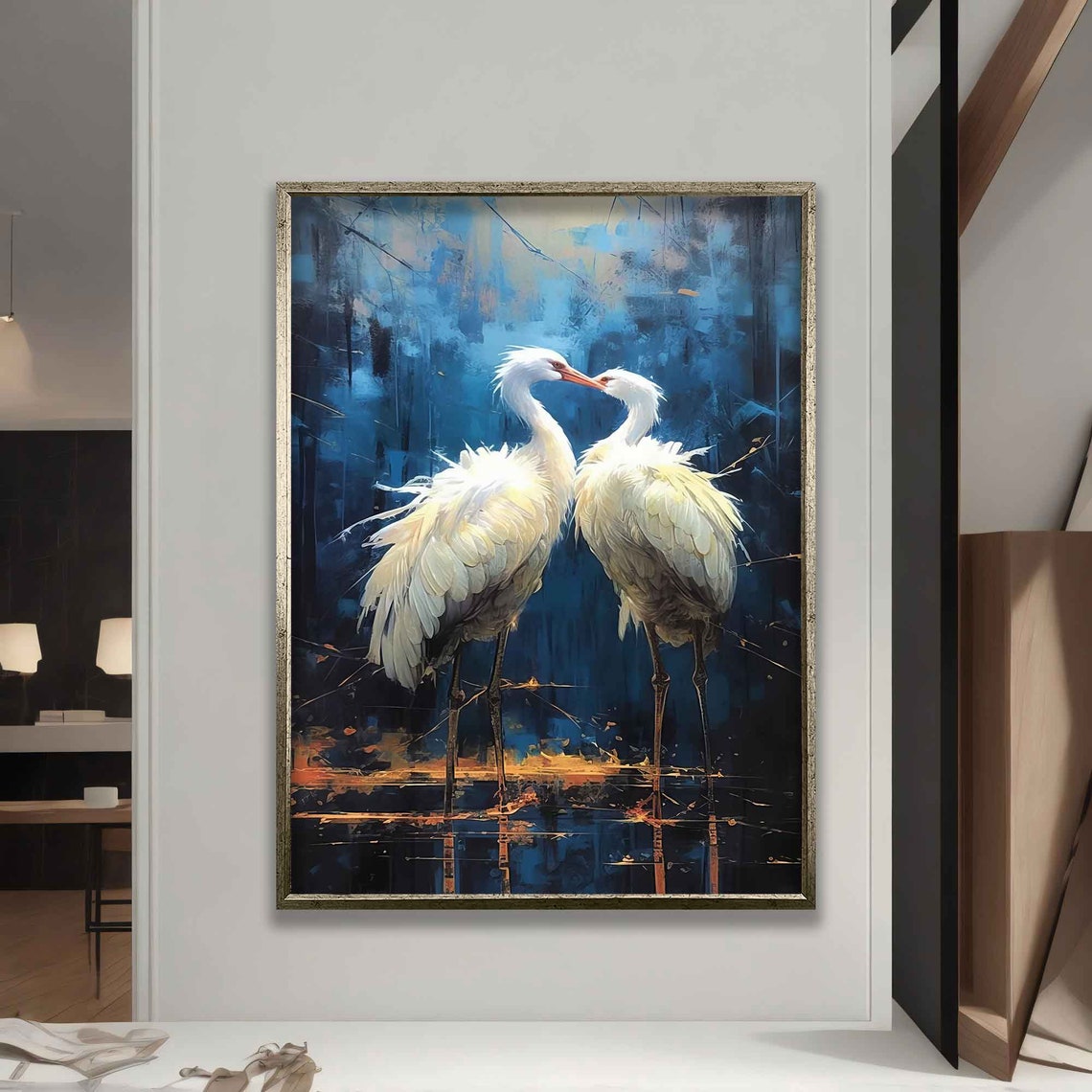 Two White Storks Nuzzling at Dusk Blue Water Bird Art Wall Poster - Image 5