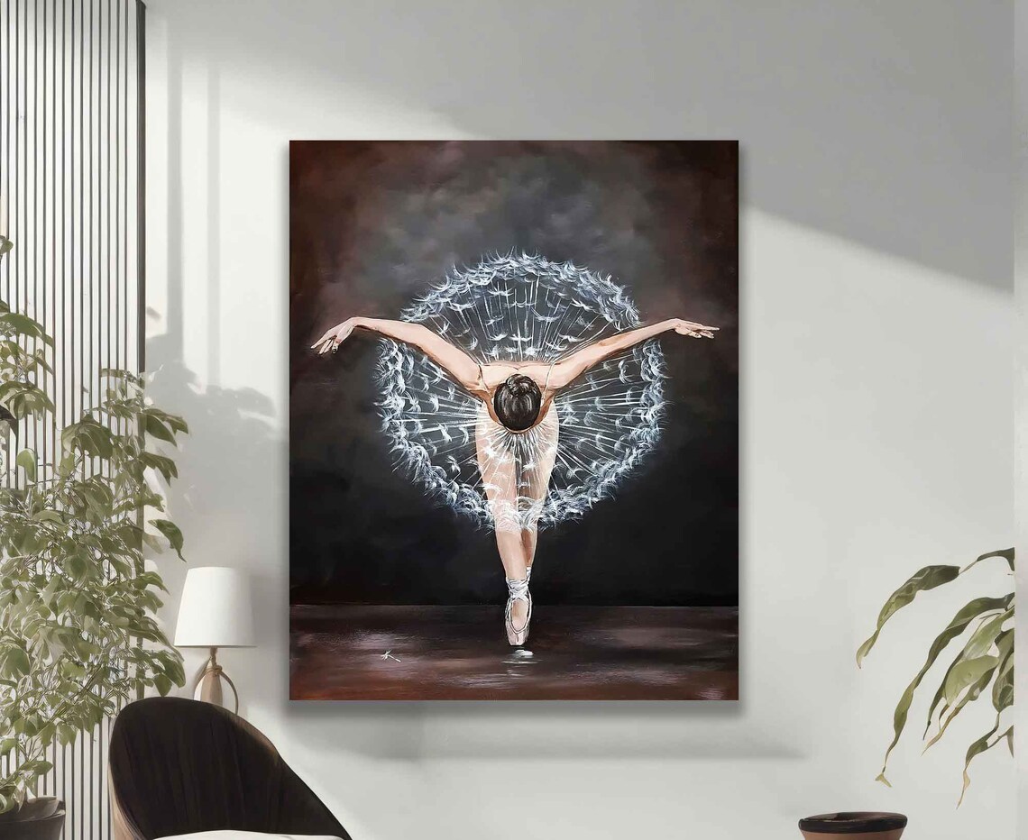 Ballerina Dandelion Seed Tutu Arabesque Dark Elegant Dance Wall Art Print - Image 2