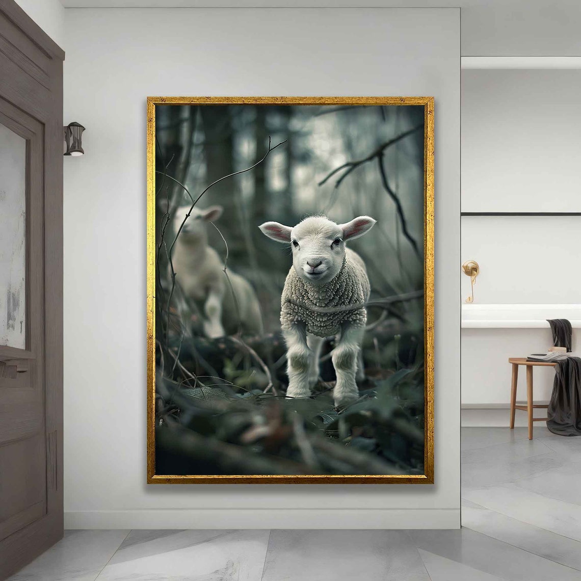 Cute White Lamb in Misty Dark Forest Adorable Baby Sheep Poster - Image 4
