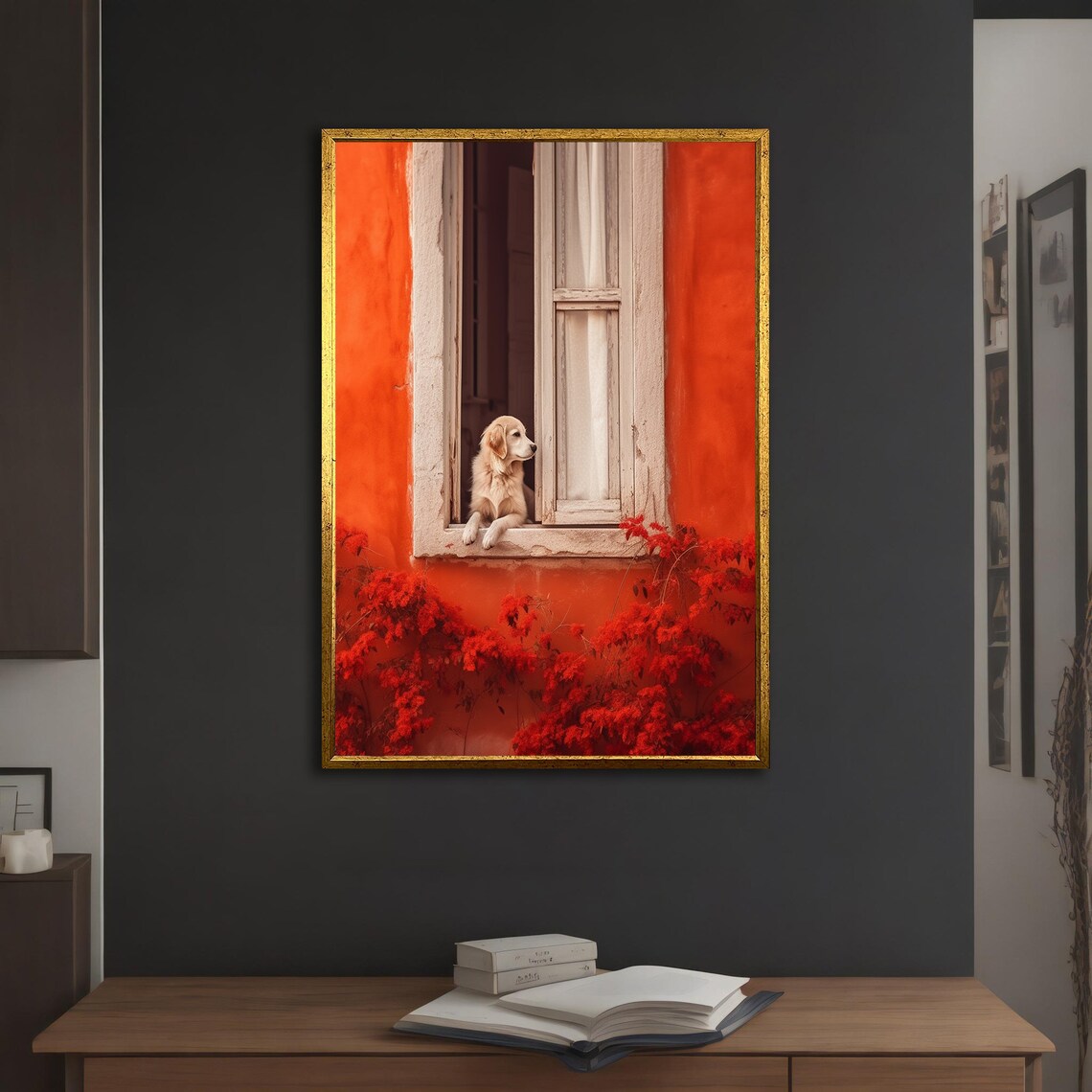 Golden Retriever Puppy Looking Out Window Orange Wall Photo Print - Image 3