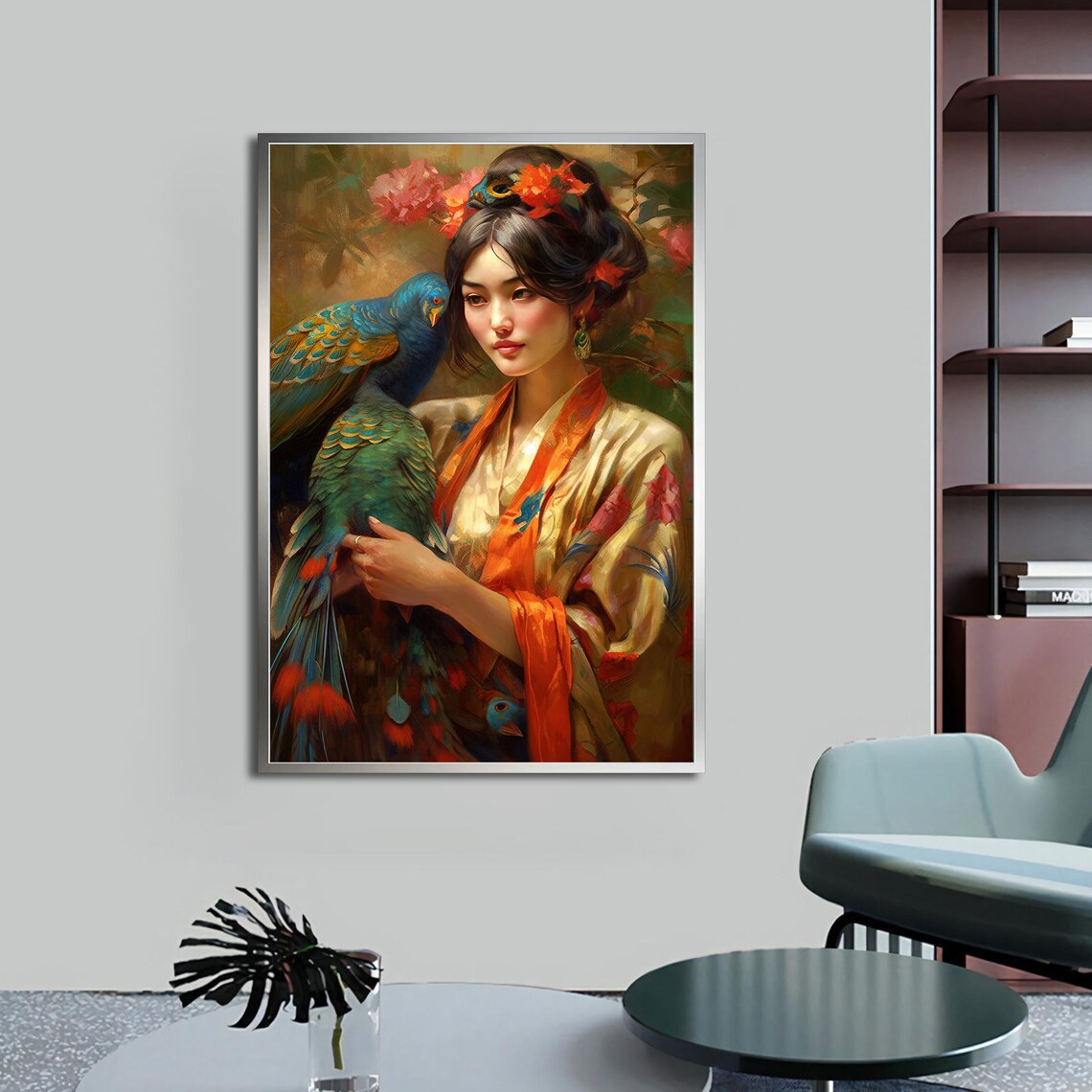 Asian Woman Floral Kimono Parrot Colorful Flowers Traditional Poster - Image 4