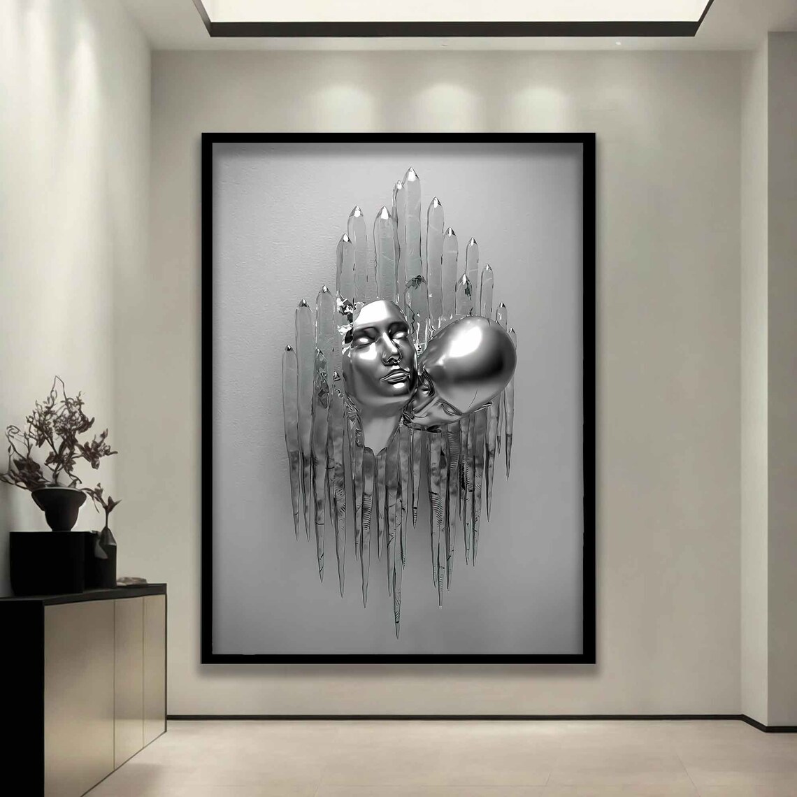 Silver Kissing Heads Melting Ice Crystal Surreal Sculpture Art Poster - Image 3