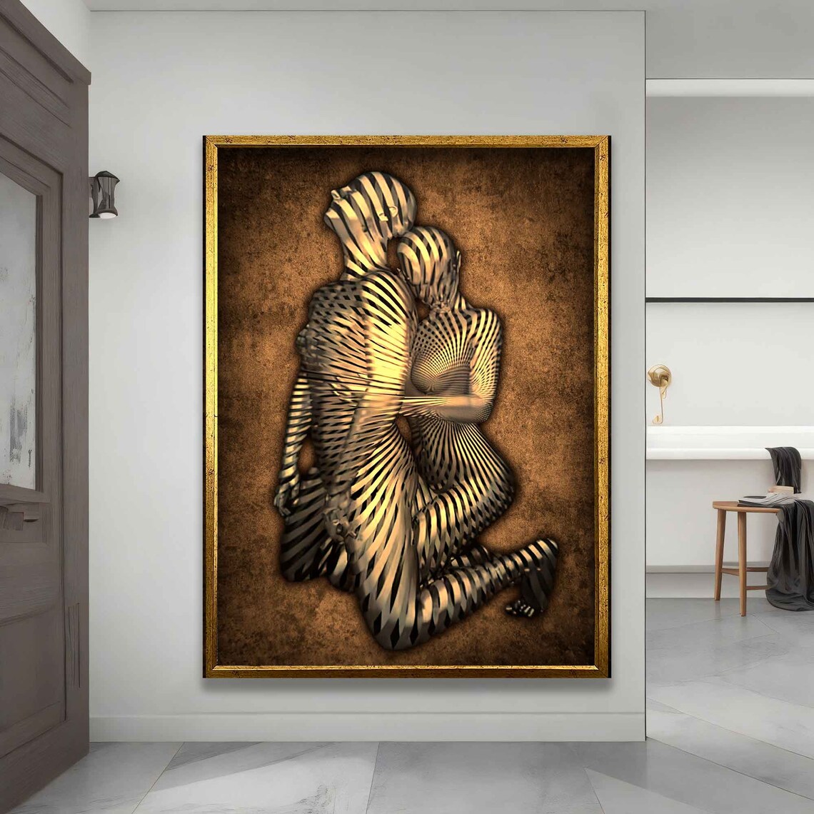 Bronze Abstract Embracing Couple Sculpture Love Golden Wall Art - Image 4