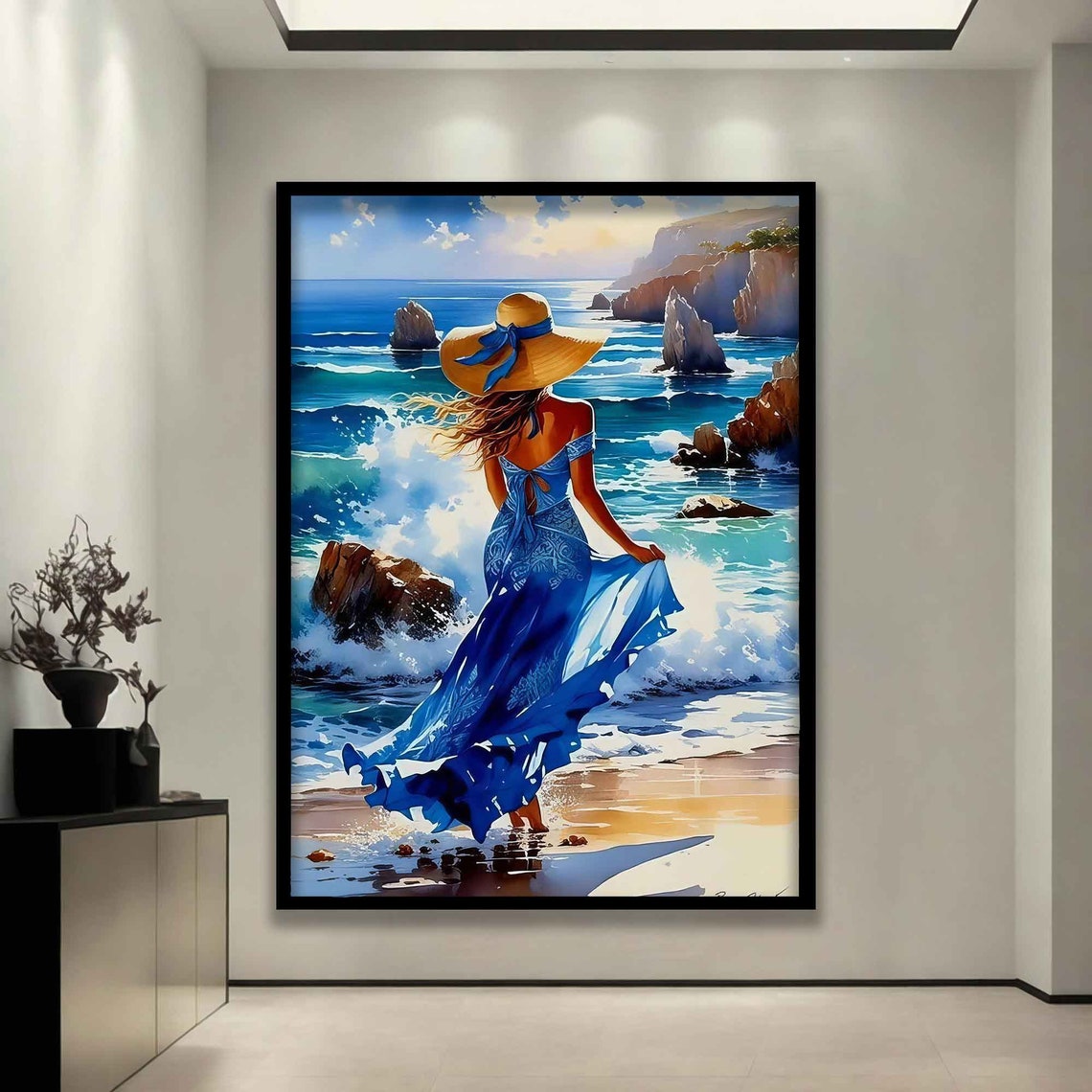Beautiful Woman In Blue Dress Walking On The Beach Painting Woman With Her Back Turned Art Woman By The Sea Print - Image 3