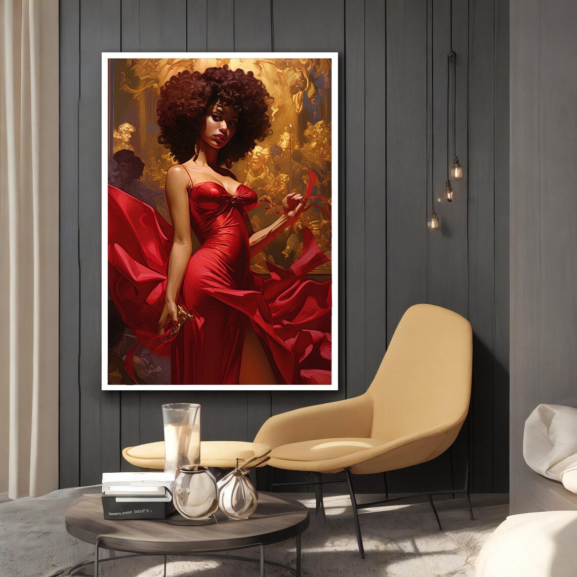 African Woman Afro Red Satin Gown Gold Baroque Elegant Art Poster - Image 2