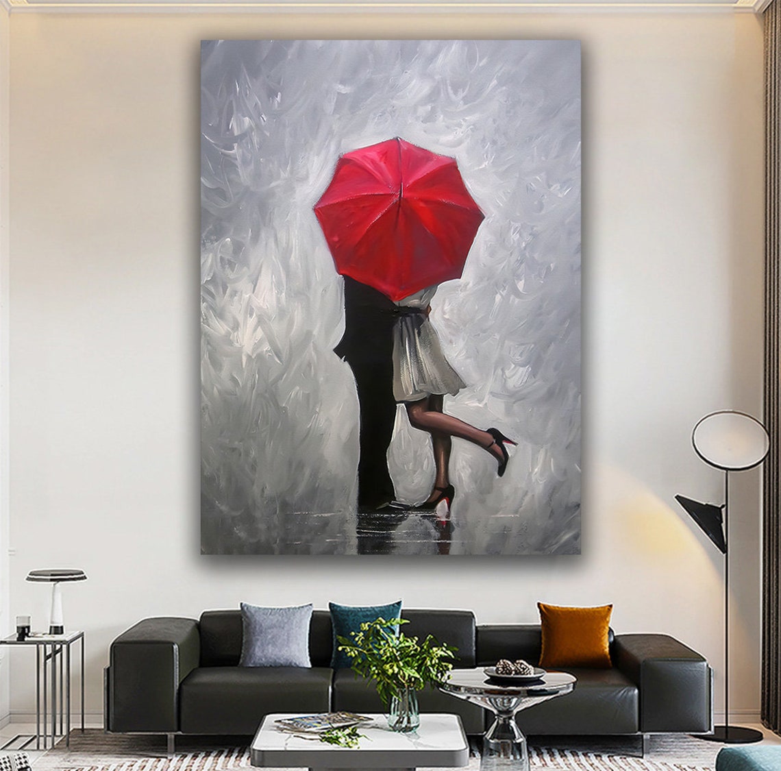 Couple Kissing Under Red Umbrella Romantic Rain Embrace Art Poster - Image 5