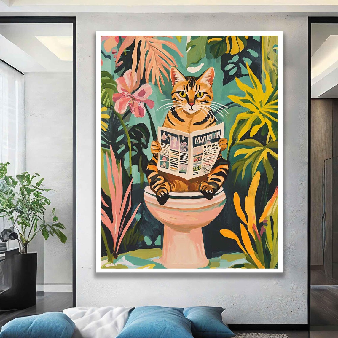 Funny Cat Reading Newspaper on Toilet Bathroom Humor Jungle Leaves Wall Art - Image 4