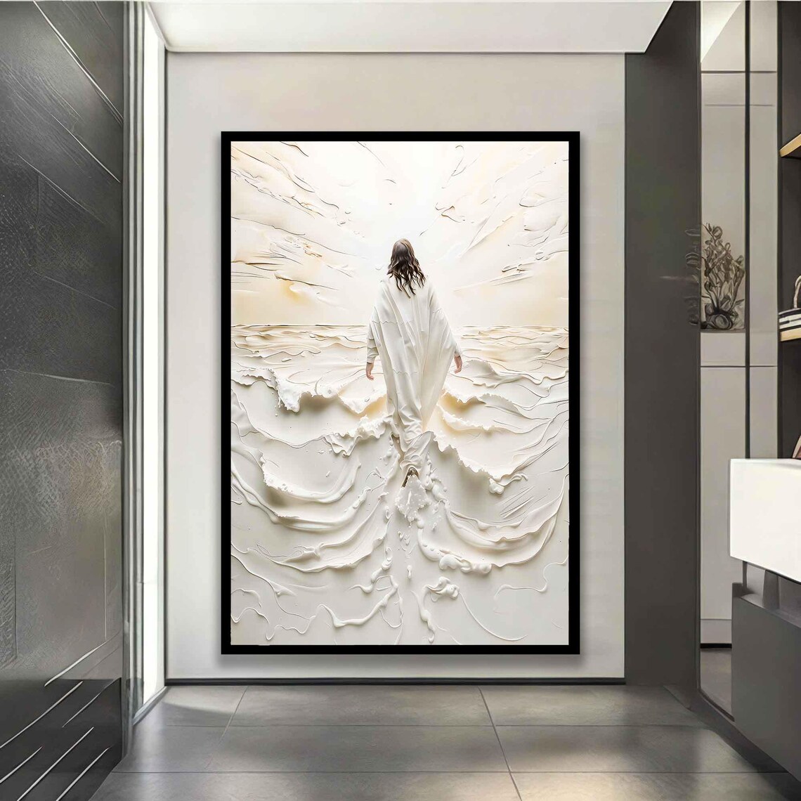 Jesus Walking On Water White 3D Relief Peaceful Waves Spiritual Print - Image 2