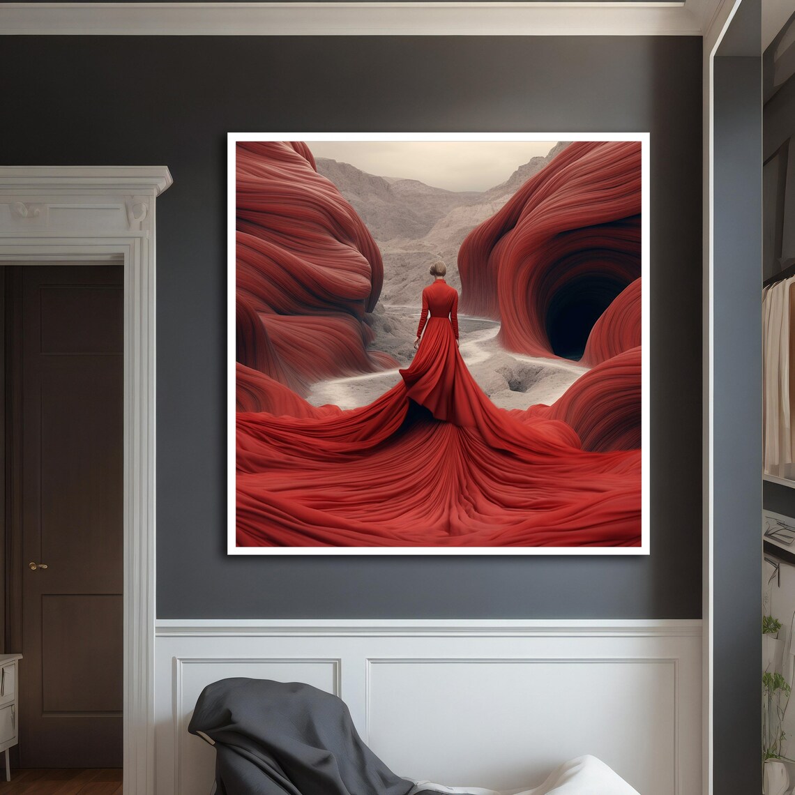 Woman Red Dress Surreal Flowing Red Canyon Desert Landscape Poster - Image 3