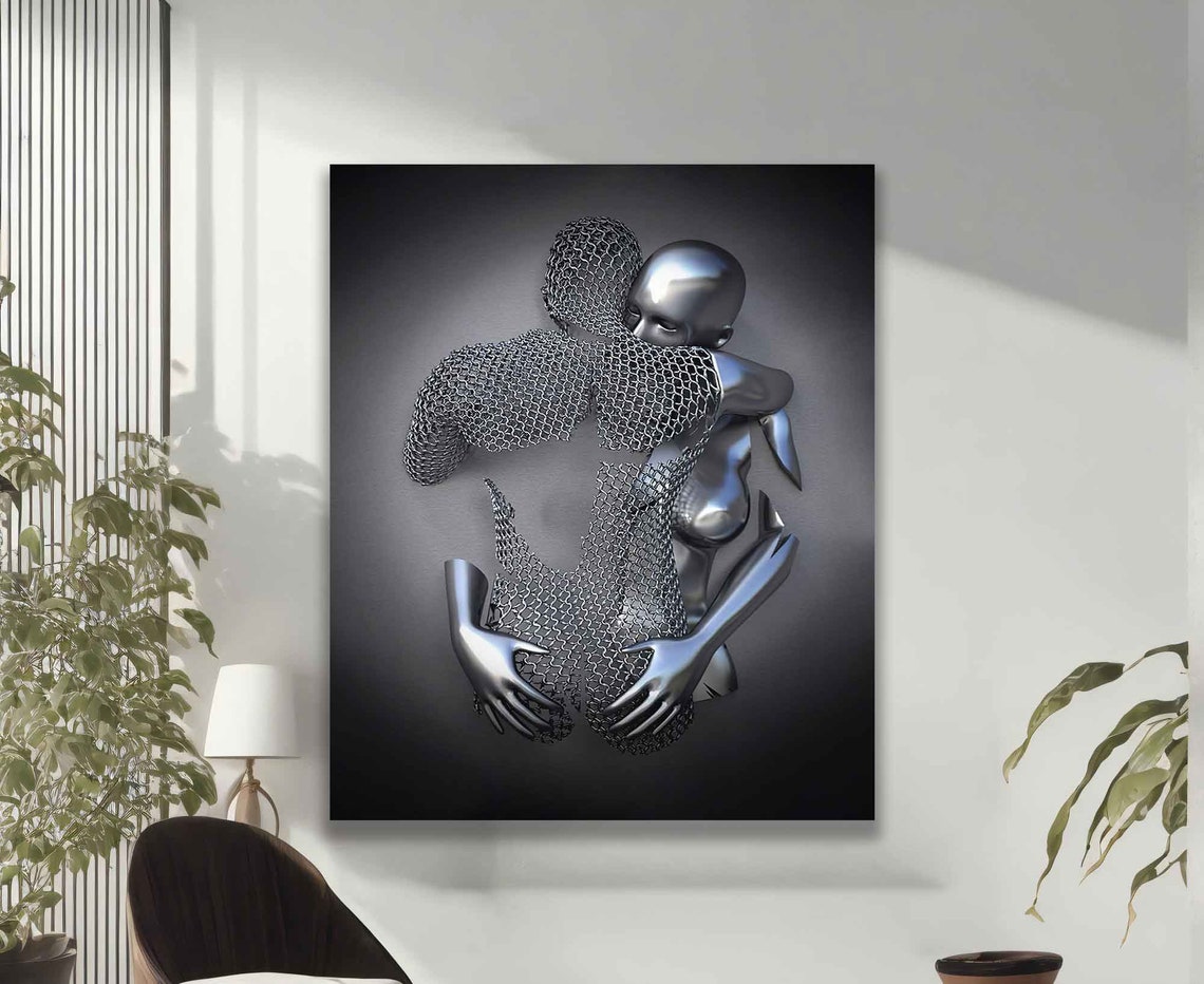 Chainmail Hugging Couple Silver Metallic Sculpture Embrace Art Poster - Image 2