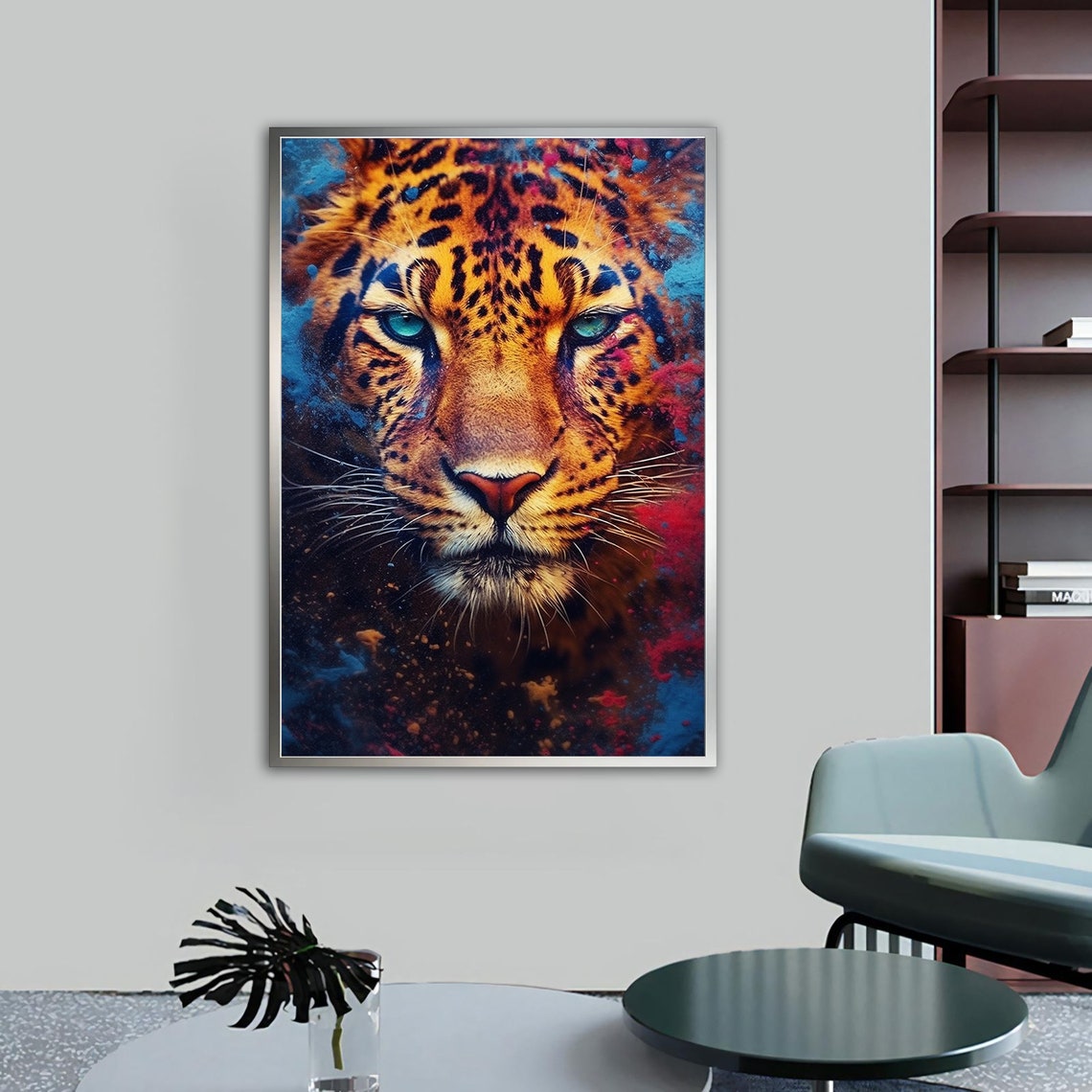 Leopard Face Close Up Turquoise Eyes Blue Red Splash Paint Poster - Image 5