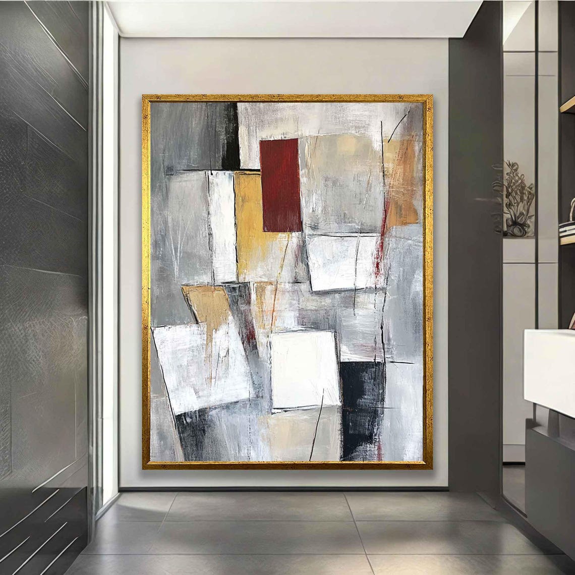 Abstract Geometric Grey White Red Gold Modern Minimalist Wall Art - Image 2